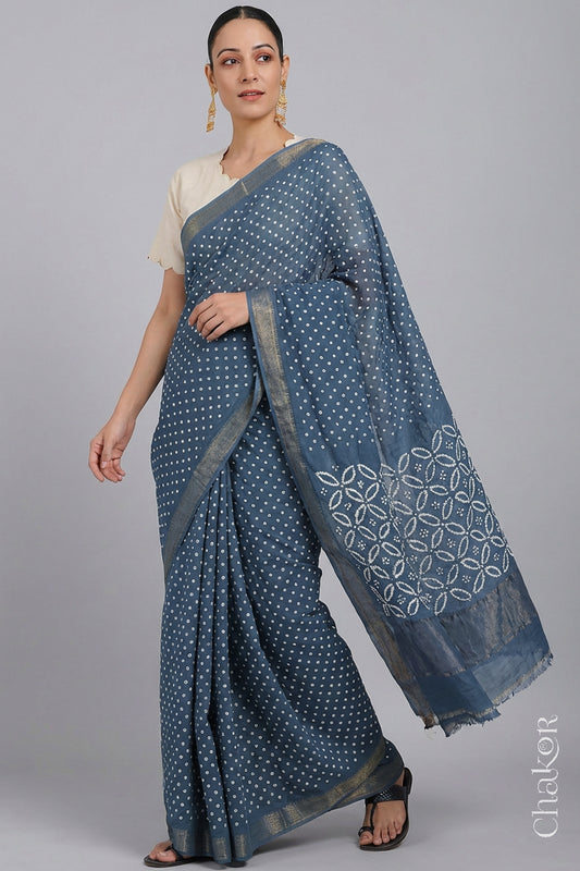 Grey Bandhani Handloom Mangalgiri Cotton Saree