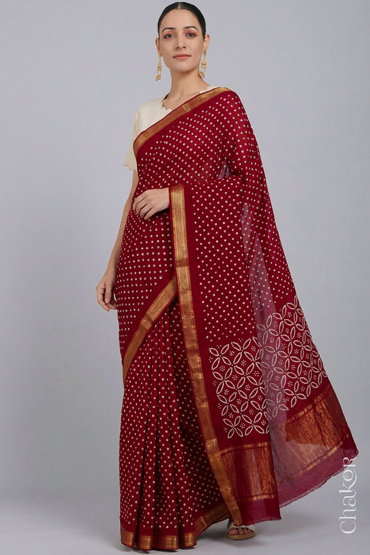 Deep Red Bandhani Handloom Mangalgiri Cotton Saree