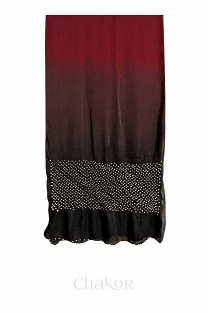 Full view of bandhani stole featuring ombre dyeing in maroon & black and lustrous texture of modal fabric with 'Chakor' branding.