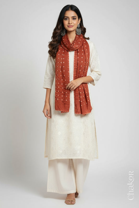 Model wearing a coral Bandhani modal stole styled over a kurta, showing hand tie-dye patterns.