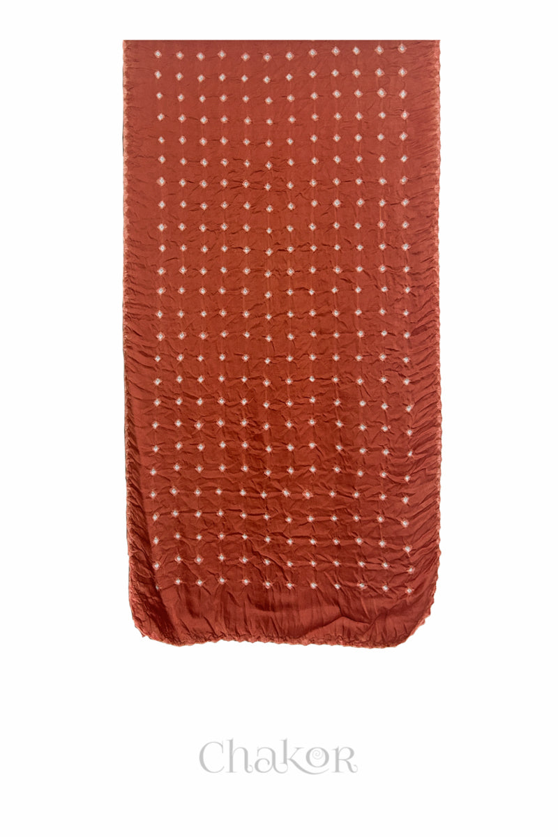 Flat view of coral Bandhani modal stole showing evenly spaced tie-dye pattern.
