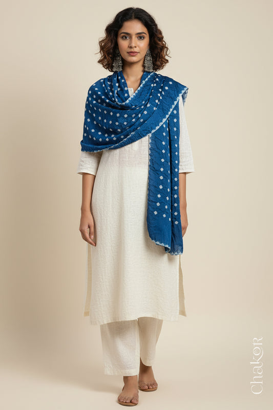 Model wearing a indigo Bandhani modal stole styled over a kurta, showing hand tie-dye patterns.
