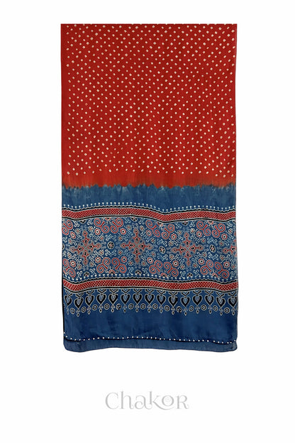  Red Bandhani modal stole with   Red Ajrakh pallu and traditional block print layout and glass bead edging.
