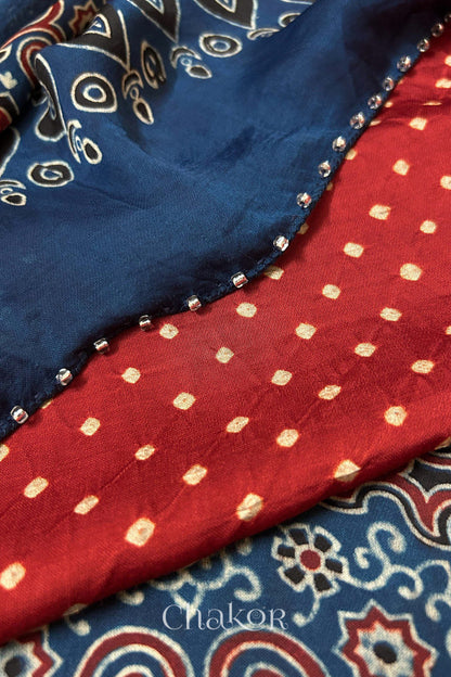 Red Bandhani and Indigo Ajrakh combination modal stole with glass bead edging detail on pallu end.
