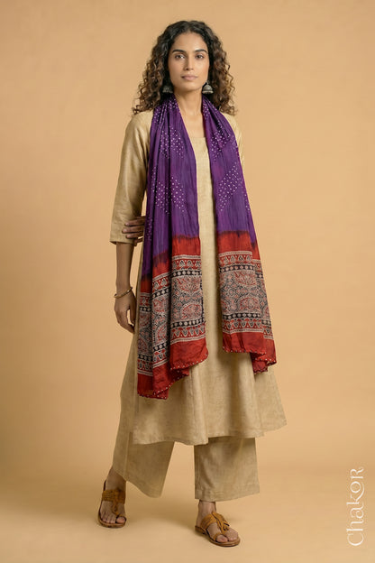 Handcrafted Bandhani Ajrakh modal stole draped on model with Purple Bandhani body and Madder Red Ajrakh pallu.
