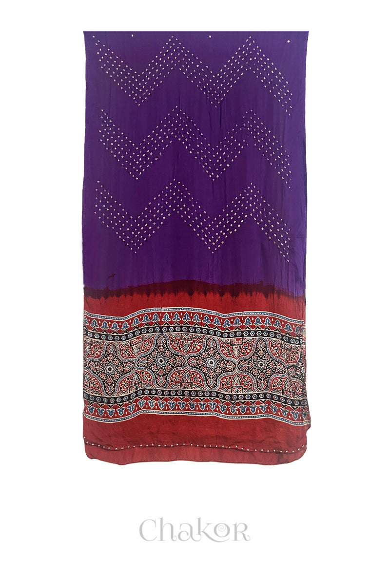 Purple Bandhani modal stole with Manjistha Red Ajrakh pallu and traditional block print layout and glass bead edging.
