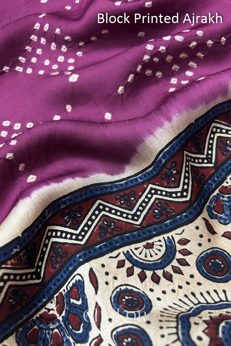 Close up of natural dye Off-white Ajrakh print on handcrafted stole with intricate block printed motifs and delicate bandhani patterns.
