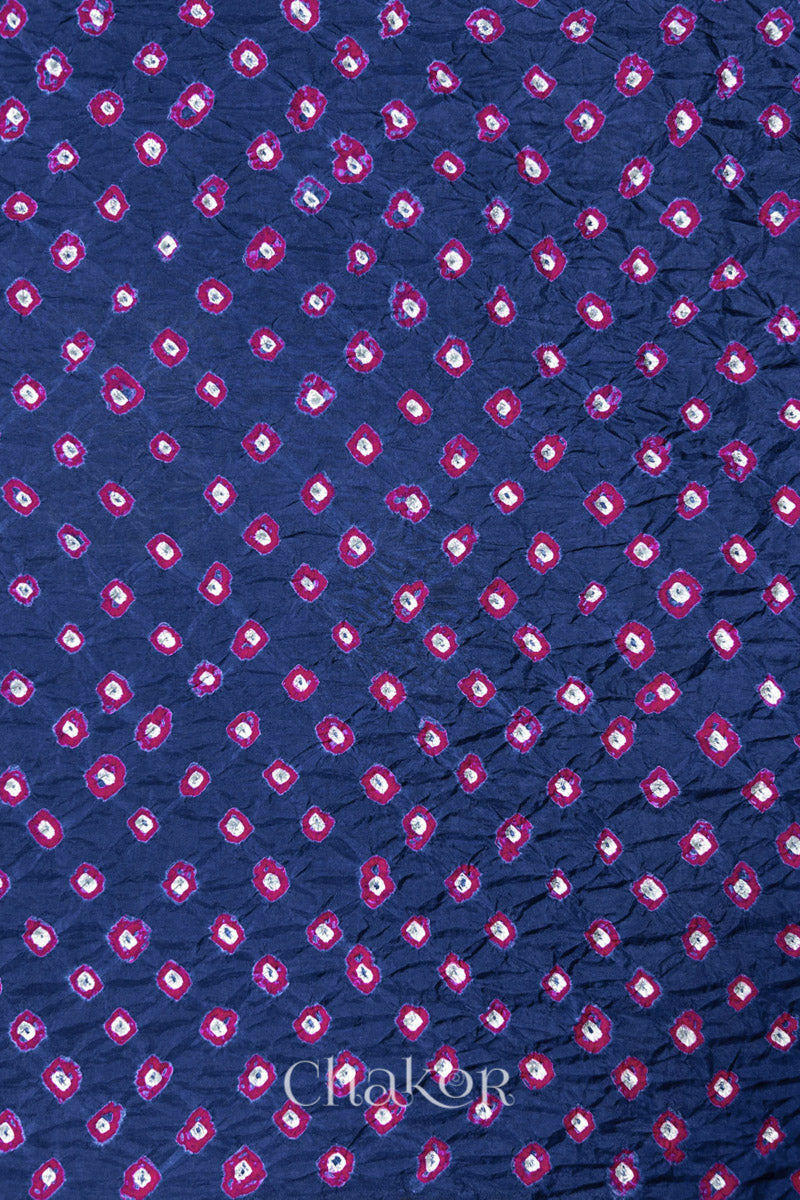 Blue Grey Mulberry silk fabric showcasing dual colour Pink bandhani patterns and Chakor brand watermark.
