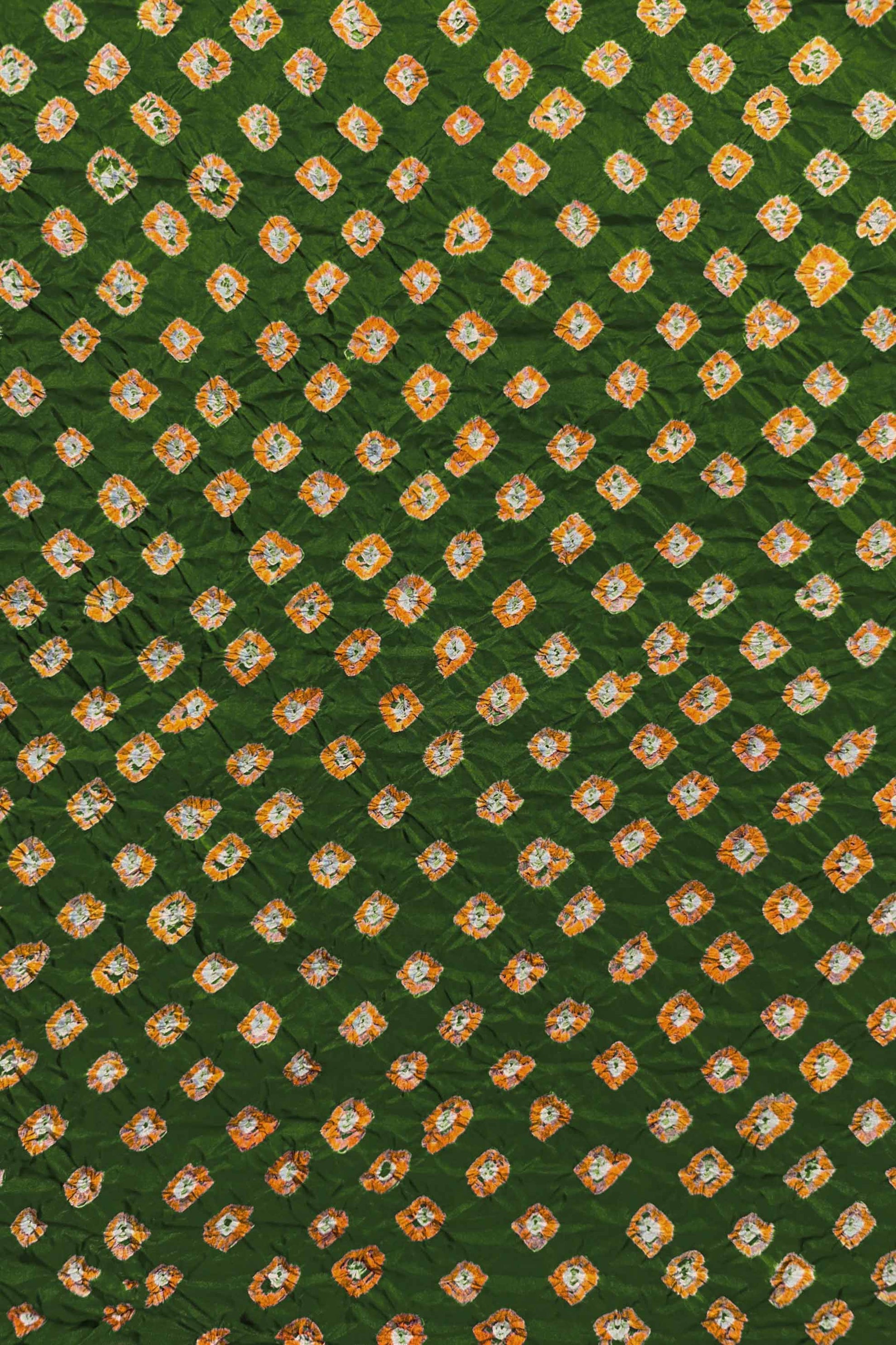 Mehendi Green Mulberry silk fabric showcasing dual colour Yellow bandhani patterns and Chakor brand watermark.
