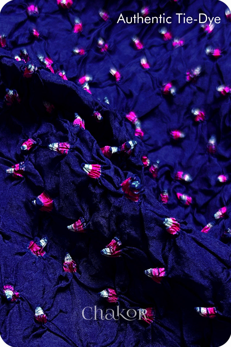 Navy Bandhani Mulberry Silk Fabric - 3.25 mtrs