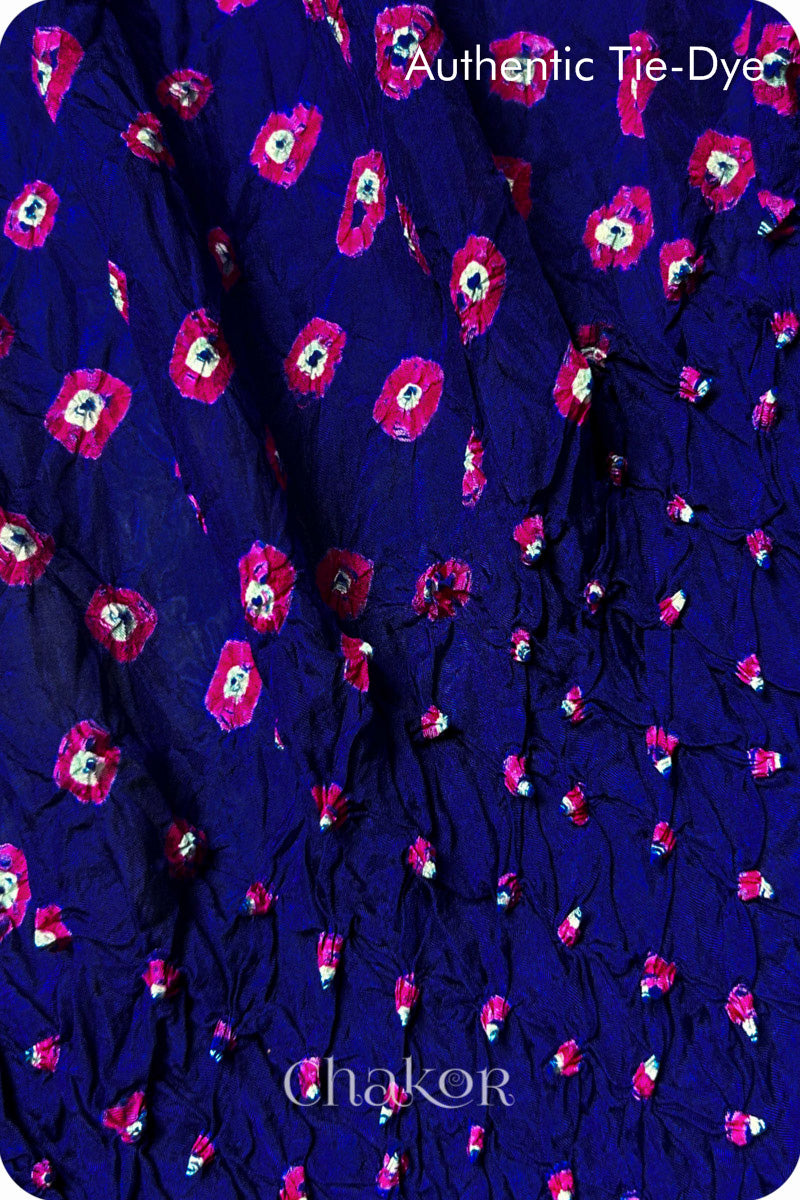 Navy Bandhani Mulberry Silk Fabric - 3.25 mtrs