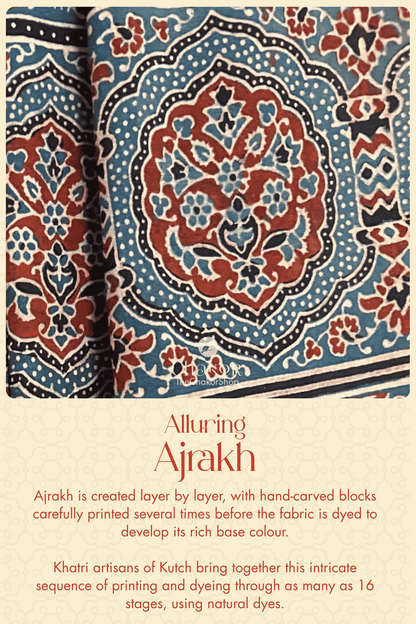 Close-up of indigo, madder red, offwhite and black Ajrakh with intricate hand-block-printed motifs created through multiple stages of printing and dyeing.