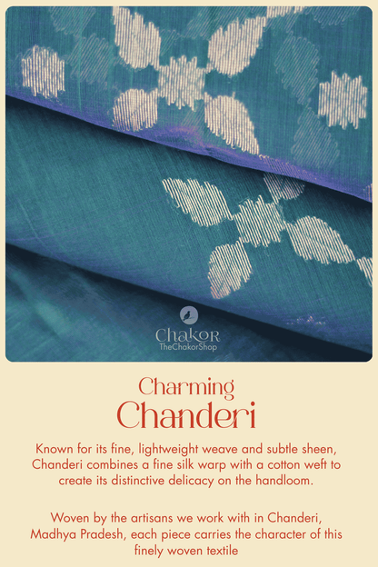 Close-up of teal blue Chanderi with fine silk warp, cotton weft and delicate woven floral motifs.