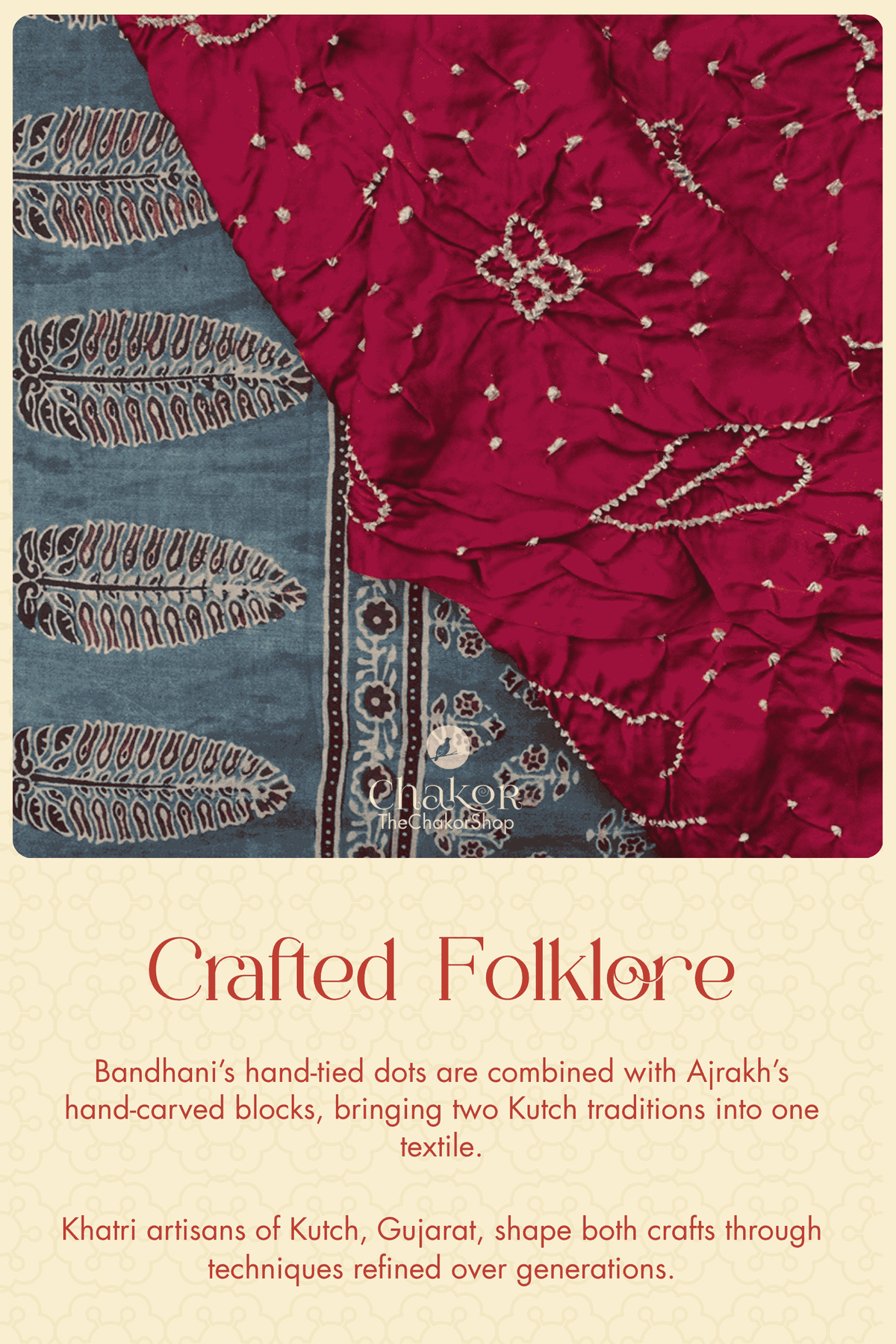 Close-up of Bandhani and Ajrakh combined in one textile, pairing hand-tied dots with hand-carved block-printed motifs from Kutch.