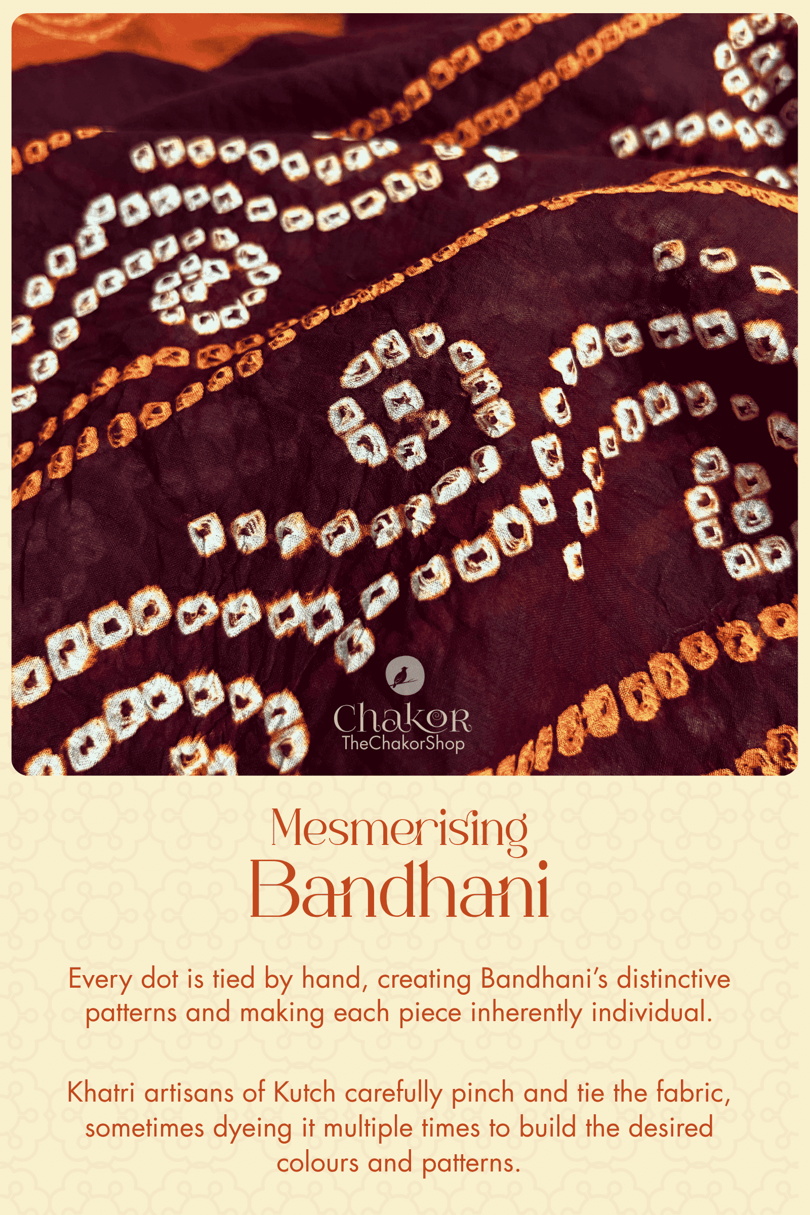 Close-up of dark maroon cotton Bandhani with orange and white hand-tied motifs, illustrating the intricate tying technique of Kutch Bandhani.