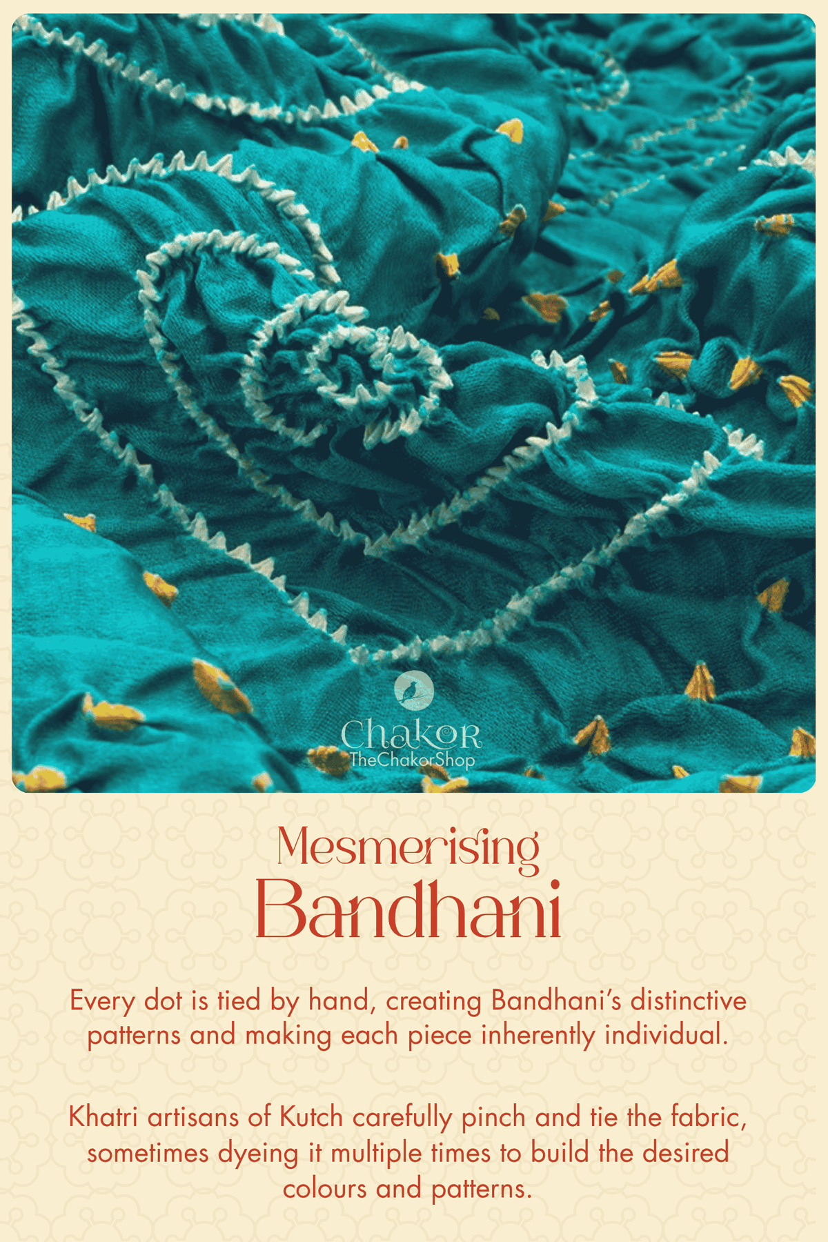 Close-up of silk Bandhani with white hand-tied motifs and yellow accents, illustrating the intricate tying technique of Kutch Bandhani.