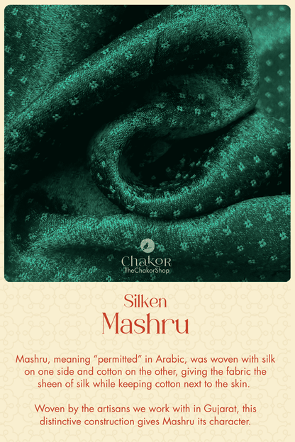 Close-up of green Mashru showing its lustrous silk face and contrasting cotton underside, revealing its distinctive two-sided construction.