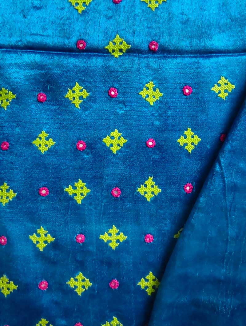 Blue Mashru Embroidered Blouse Fabric