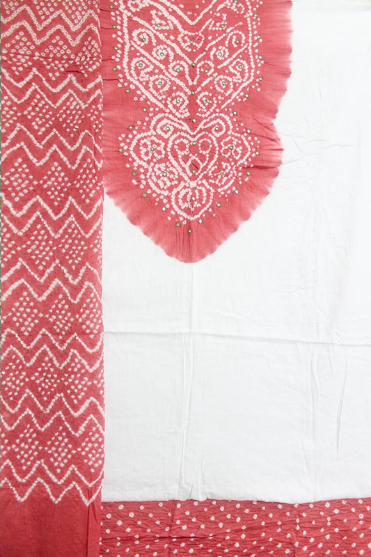 Off-white Dusty Red Bandhani Cotton Kurta Fabric With Dupatta (Set of 3)