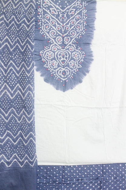 Off-white & Grey Kutch Bandhani Pure Cotton Unstitched Suit Set - 3 Piece | Mirror Work