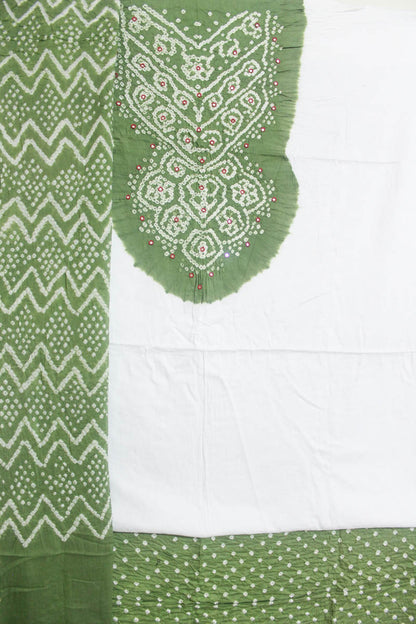 Off-white & Mehendi Kutch Bandhani Pure Cotton Unstitched Suit Set - 3 Piece | Mirror Work