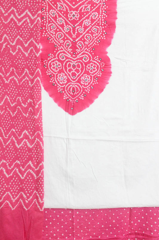 Off-white Pink Bandhani Cotton Kurta Fabric With Dupatta (Set of 3)