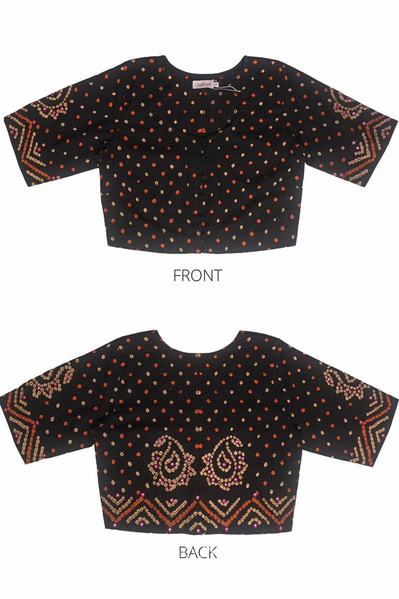 Flat front and back view of traditional Black Bandhani Cotton Blouse with intricate mirror embroidered Keri - Paisley motifs and boria fabric buttons.