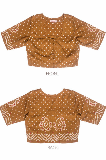 Flat front and back view of traditional Mustard Yellow Bandhani Cotton Blouse with intricate mirror embroidered Keri - Paisley motifs and boria fabric buttons.