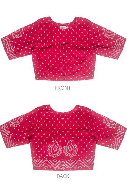 Flat front and back view of traditional Strawberry Pink Bandhani Cotton Blouse with intricate mirror embroidered Keri - Paisley motifs and boria fabric buttons.