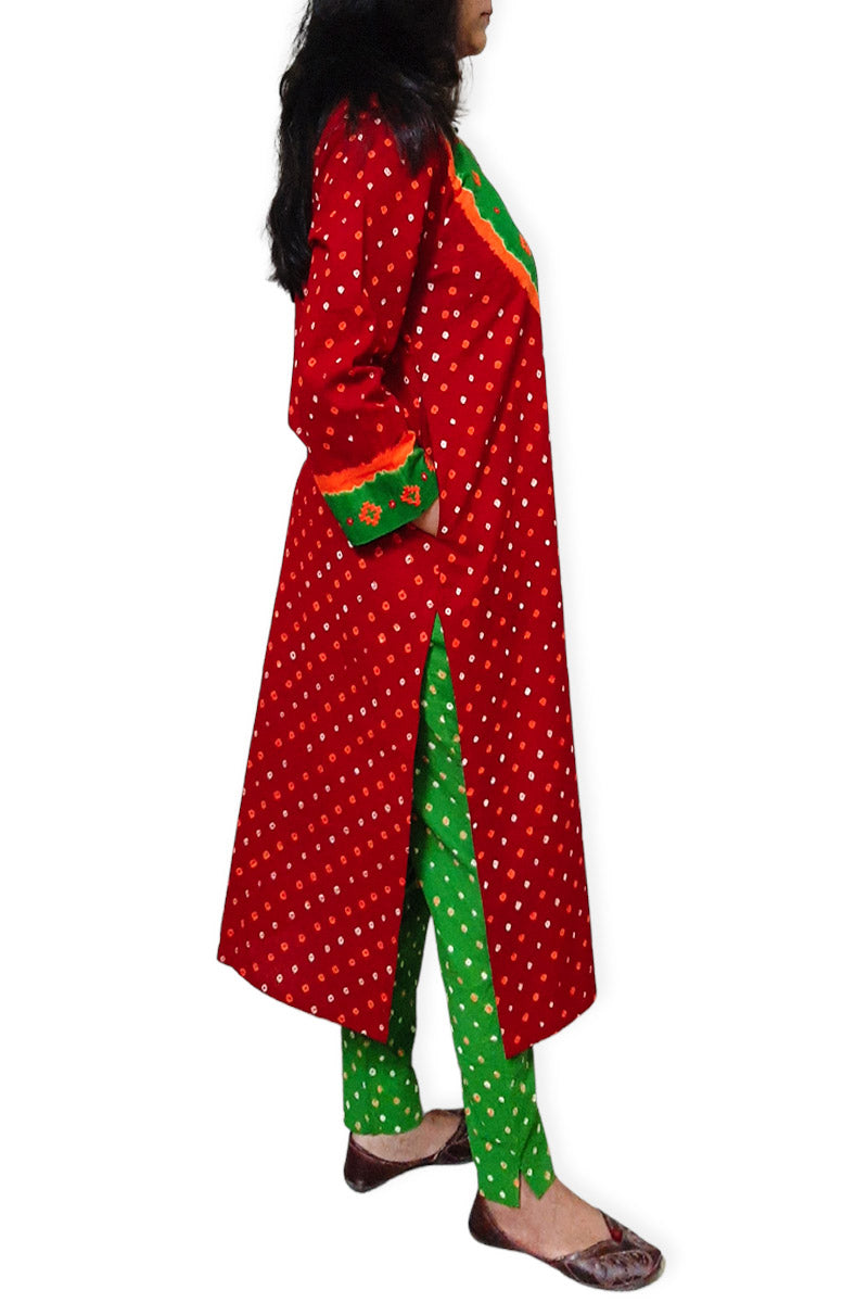 Red Green Kurta Set with Dupatta