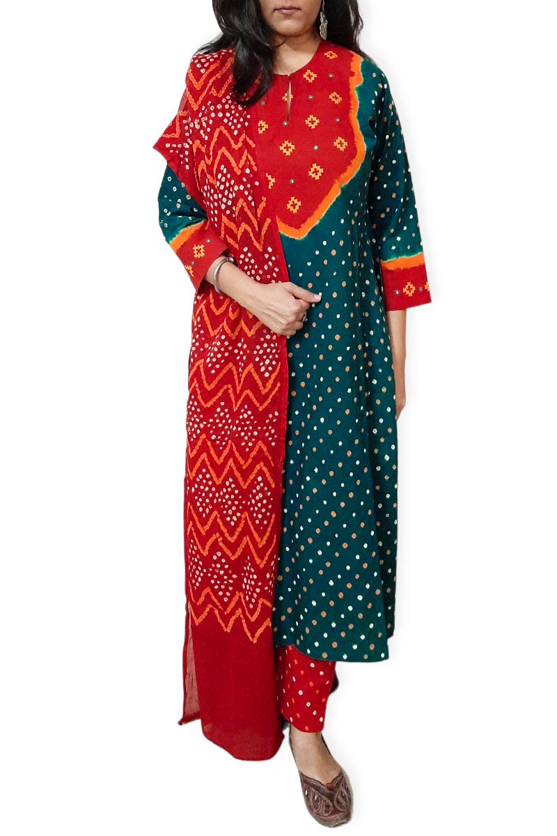 Green Red Multi Kali Kurta Set with Dupatta