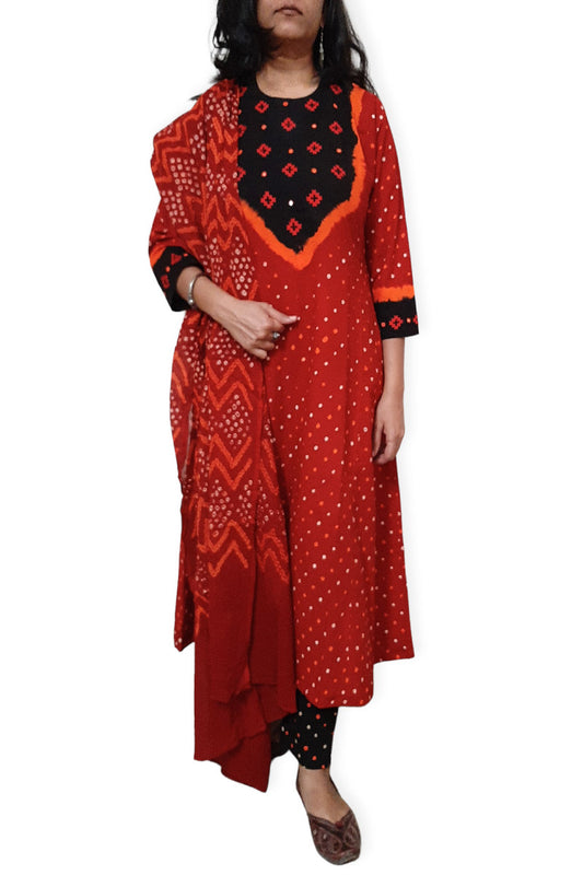 Red Black Multi Kali Kurta Set with Dupatta