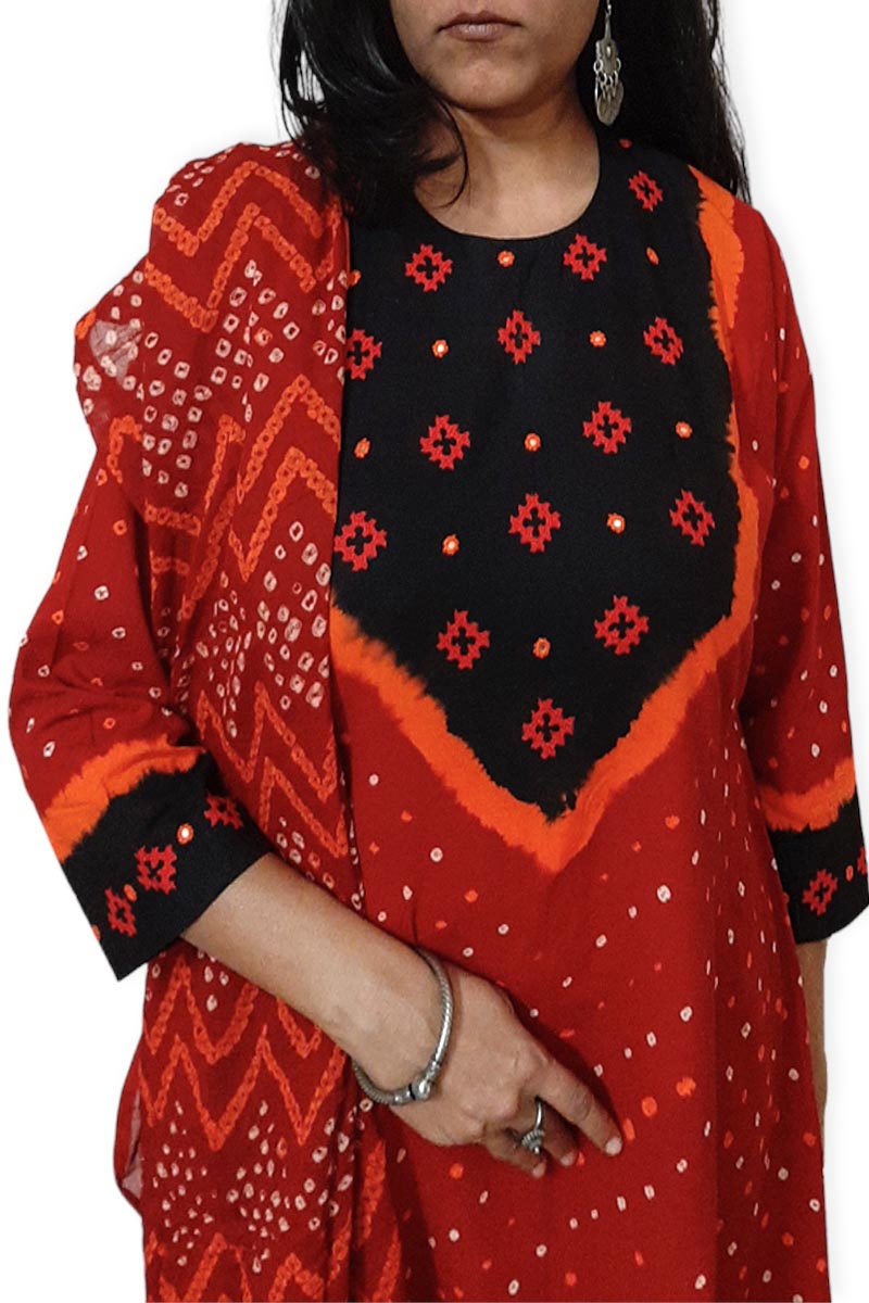 Red Black Multi Kali Kurta Set with Dupatta