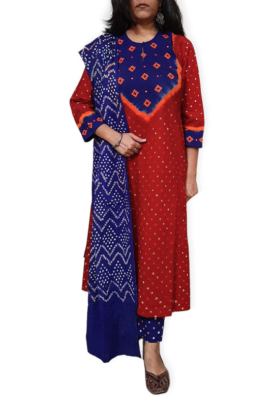 Red Blue Multi Kali Kurta Set with Dupatta