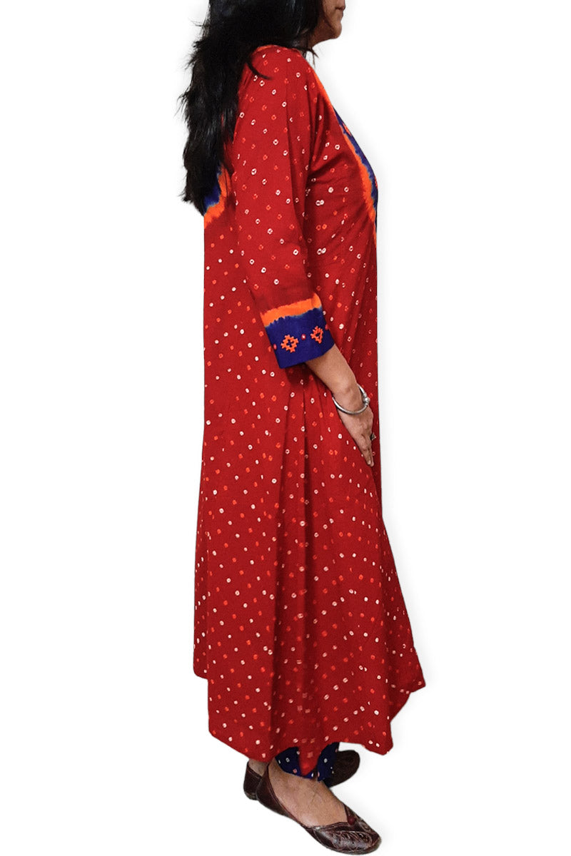 Red Blue Multi Kali Kurta Set with Dupatta