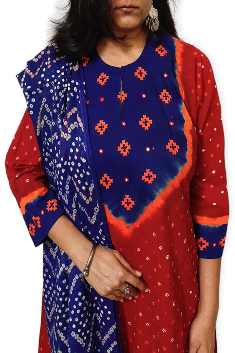 Red Blue Multi Kali Kurta Set with Dupatta