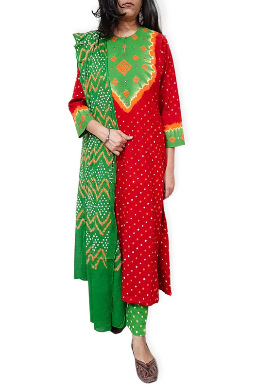 Red Green Multi Kali Kurta Set with Dupatta