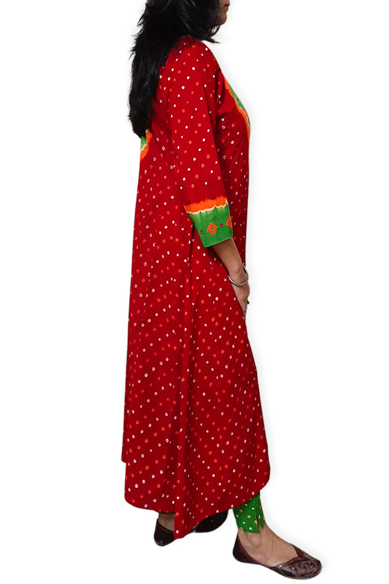 Red Green Multi Kali Kurta Set with Dupatta